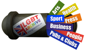 Time capsule with LGBT Archive logo, labelled "Arts", "Sport", "Business", "Pubs & Clubs", "Health", "Press", "People"