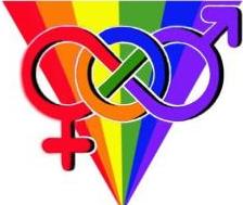 linked male and female symbols on a rainbow triangle