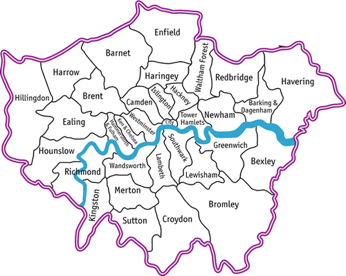 Map of Greater London, showing the London Boroughs and the City of London