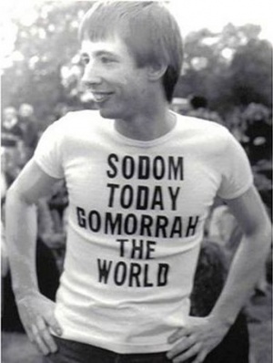 Bray wearing a t-shirt with the words "Sodom Today Gomorrah the World"