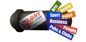 Time capsule with LGBT Archive logo, labelled "Arts", "Sport", "Business", "Pubs & Clubs", "Health", "Press", "People"